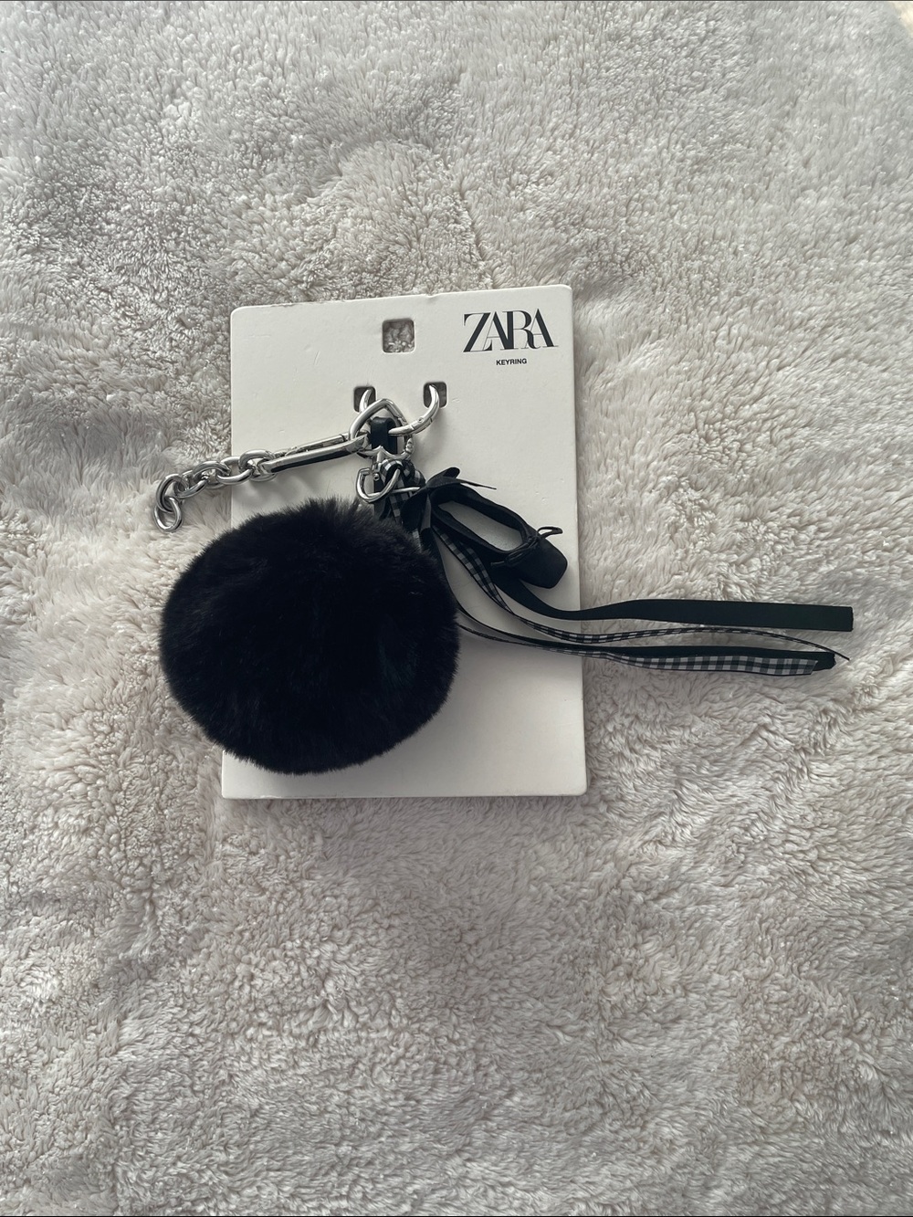 NWT ZARA Black Faux Fur Pom-Pom Keyring with Ribbon Tassels